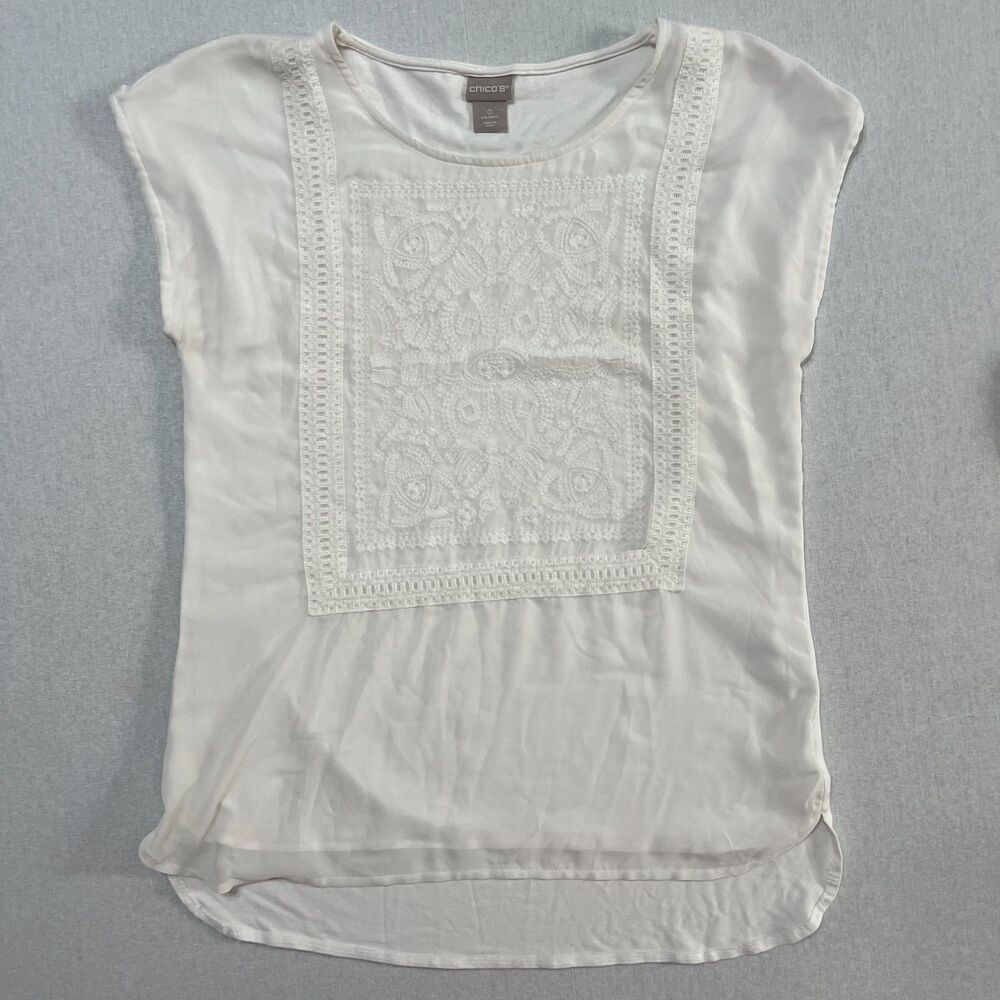 Chico's Size 0 Small White Embroidered Crochet Trim Tunic Blouse Boho